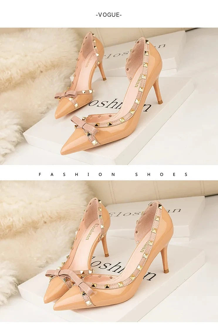 High-heeled women's shoes stiletto heel shallow mouth pointed toe hollow rivet bow elegant high heels for ladies