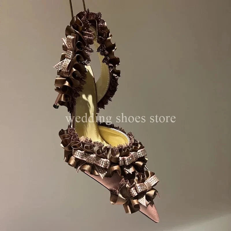 high heels Crystal Lace High Heel Sandals For Women Wedding Pumps Sexy Bowknot Rhinestone High Heels Fashion Summer Party Prom Shoes