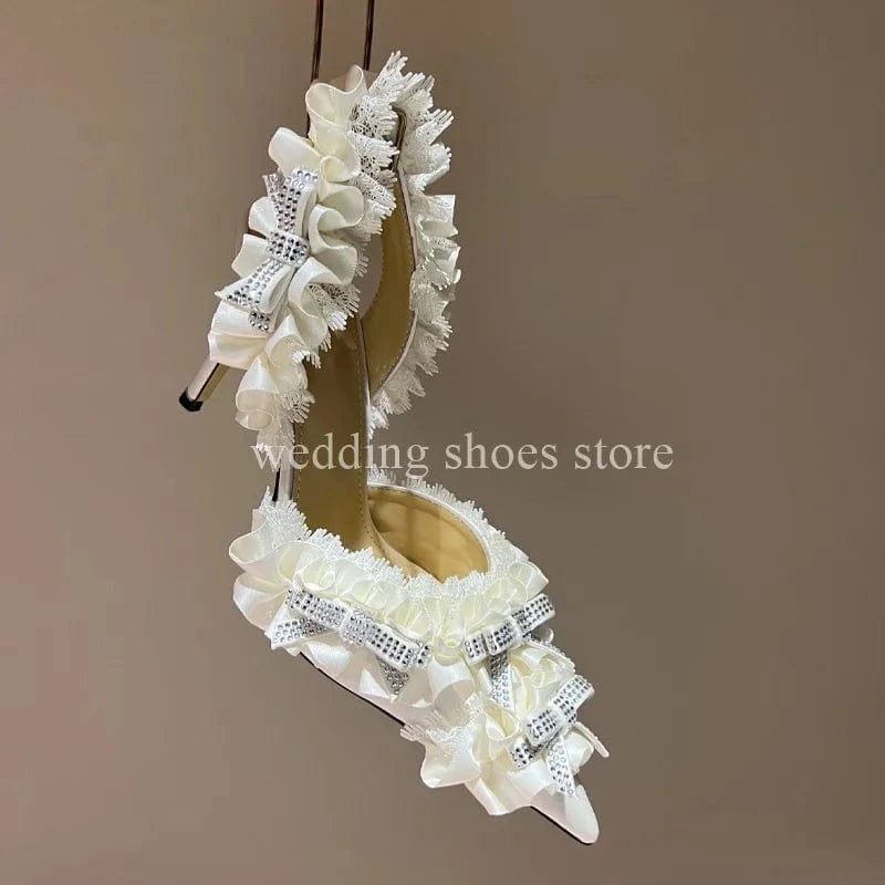 high heels Crystal Lace High Heel Sandals For Women Wedding Pumps Sexy Bowknot Rhinestone High Heels Fashion Summer Party Prom Shoes