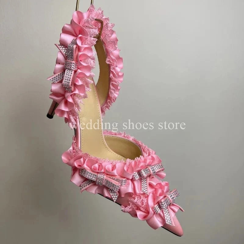 high heels Crystal Lace High Heel Sandals For Women Wedding Pumps Sexy Bowknot Rhinestone High Heels Fashion Summer Party Prom Shoes
