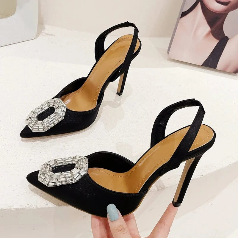 High Heels Gladiator Sexy Slingbacks Party Rose Red Ladies Women's Shoes Spring Fashion Pointed Diamond Buckle Decoration Pumps