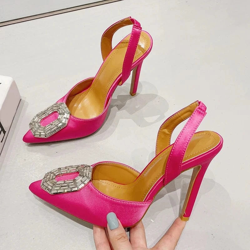 High Heels Gladiator Sexy Slingbacks Party Rose Red Ladies Women's Shoes Spring Fashion Pointed Diamond Buckle Decoration Pumps