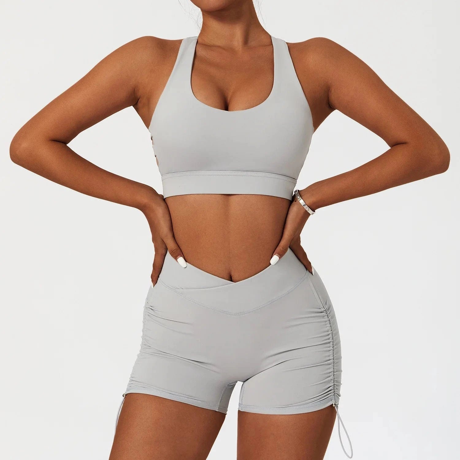 High Impact Bra and Cross V Waist Shorts Yoga Biker Set 2 PCS Stretchy Nylon Workout Running Clothing 2024 Women Gym Sportswear