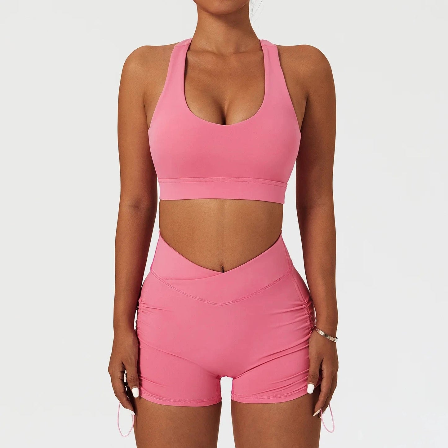 High Impact Bra and Cross V Waist Shorts Yoga Biker Set 2 PCS Stretchy Nylon Workout Running Clothing 2024 Women Gym Sportswear