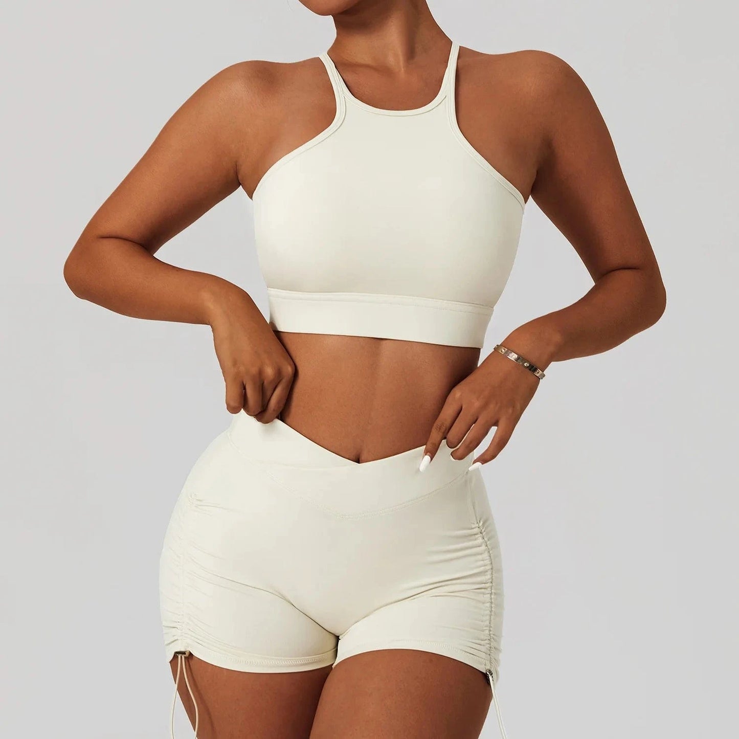High Impact Bra and Cross V Waist Shorts Yoga Biker Set 2 PCS Stretchy Nylon Workout Running Clothing 2024 Women Gym Sportswear