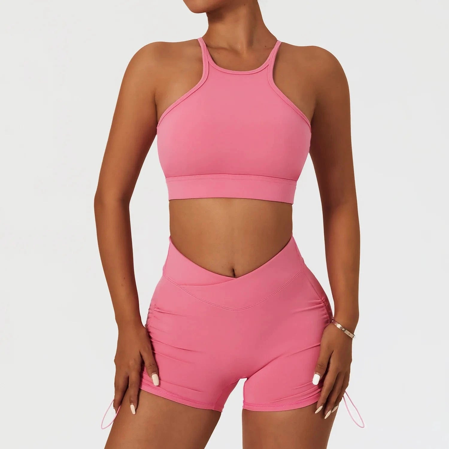 High Impact Bra and Cross V Waist Shorts Yoga Biker Set 2 PCS Stretchy Nylon Workout Running Clothing 2024 Women Gym Sportswear