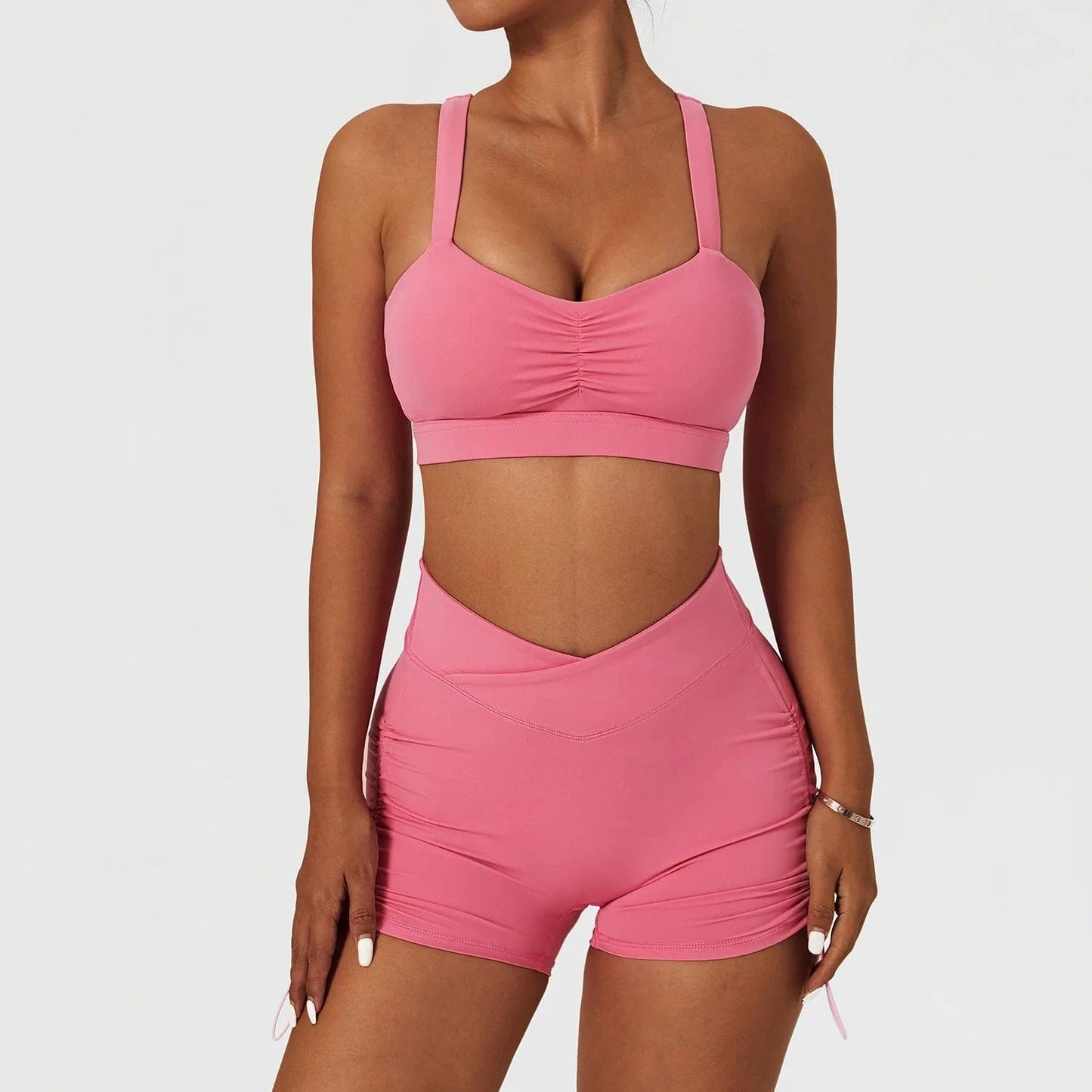 High Impact Bra and Cross V Waist Shorts Yoga Biker Set 2 PCS Stretchy Nylon Workout Running Clothing 2024 Women Gym Sportswear