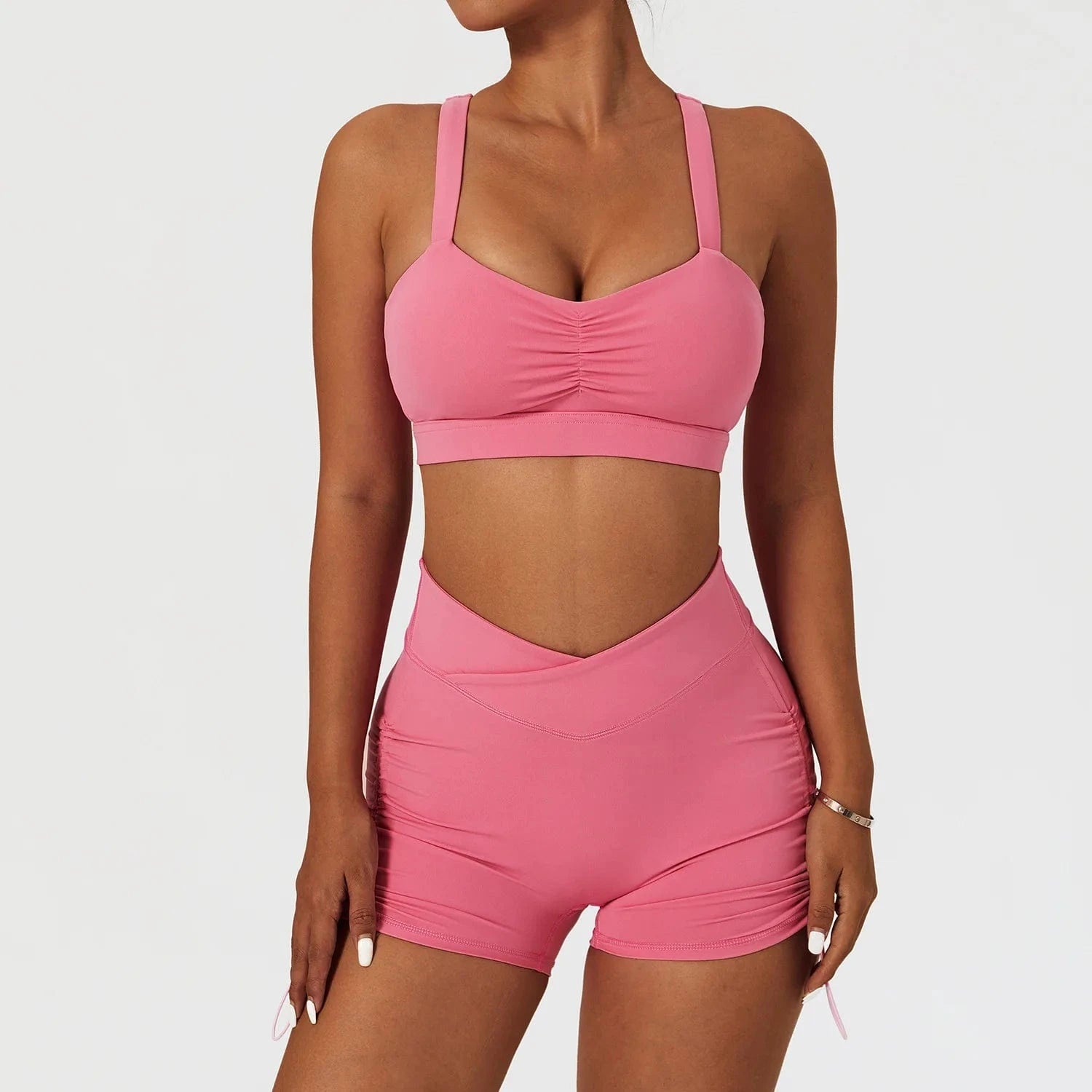 High Impact Bra and Cross V Waist Shorts Yoga Biker Set 2 PCS Stretchy Nylon Workout Running Clothing 2024 Women Gym Sportswear