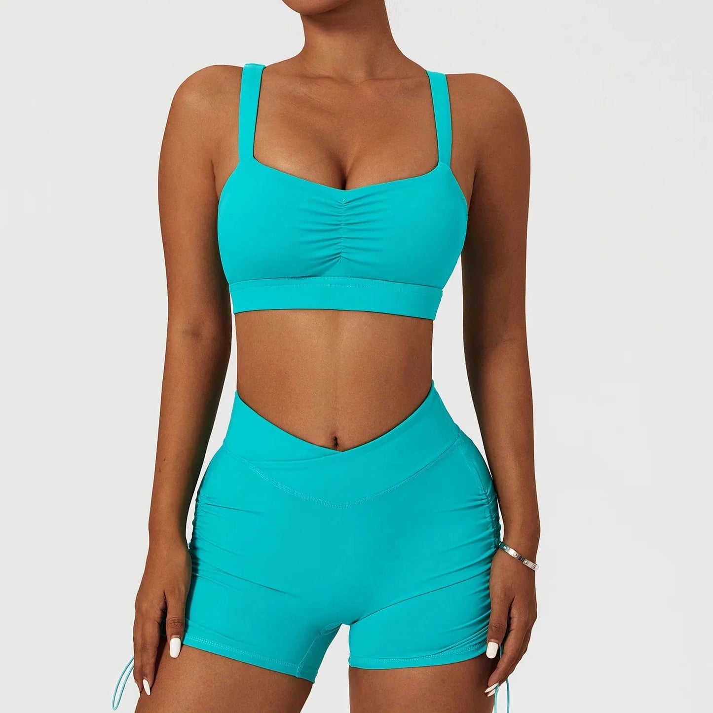 High Impact Bra and Cross V Waist Shorts Yoga Biker Set 2 PCS Stretchy Nylon Workout Running Clothing 2024 Women Gym Sportswear