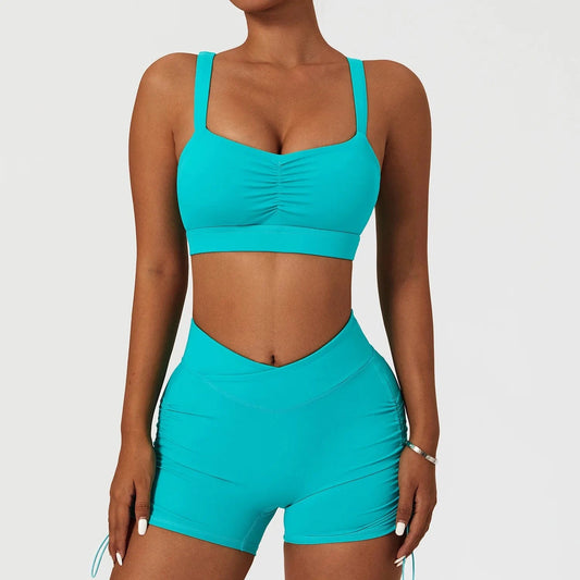 High Impact Bra and Cross V Waist Shorts Yoga Biker Set 2 PCS Stretchy Nylon Workout Running Clothing 2024 Women Gym Sportswear
