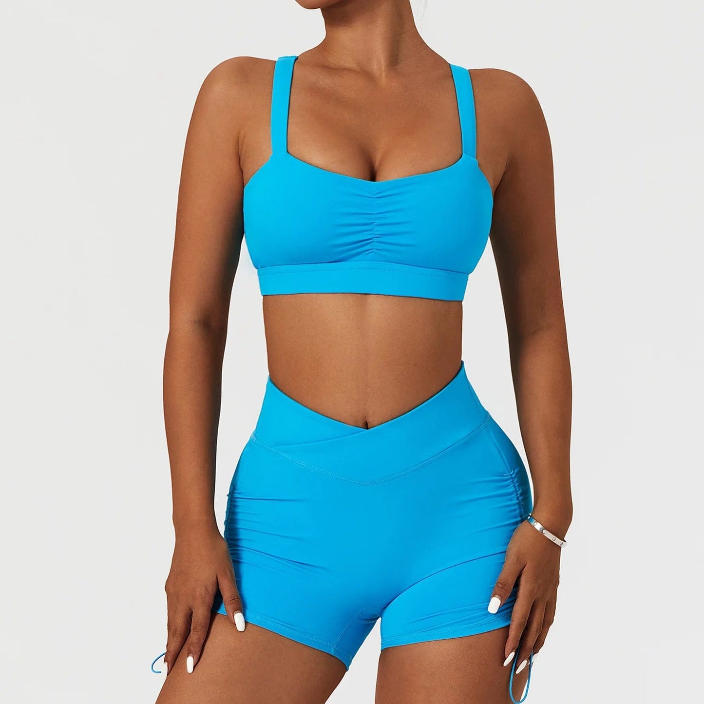 High Impact Bra and Cross V Waist Shorts Yoga Biker Set 2 PCS Stretchy Nylon Workout Running Clothing 2024 Women Gym Sportswear