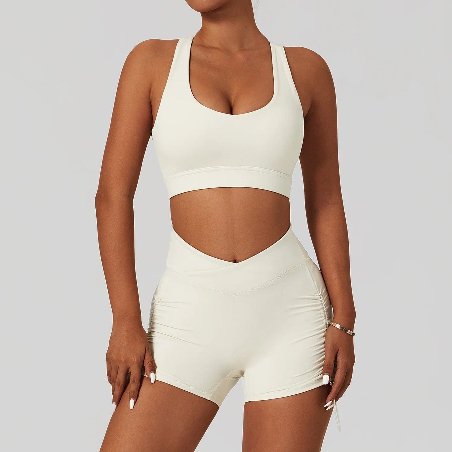 High Impact Bra and Cross V Waist Shorts Yoga Biker Set 2 PCS Stretchy Nylon Workout Running Clothing 2024 Women Gym Sportswear