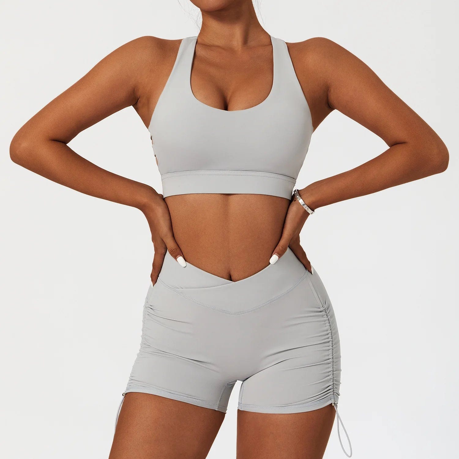 High Impact Bra and Cross V Waist Shorts Yoga Biker Set 2 PCS Stretchy Nylon Workout Running Clothing 2024 Women Gym Sportswear