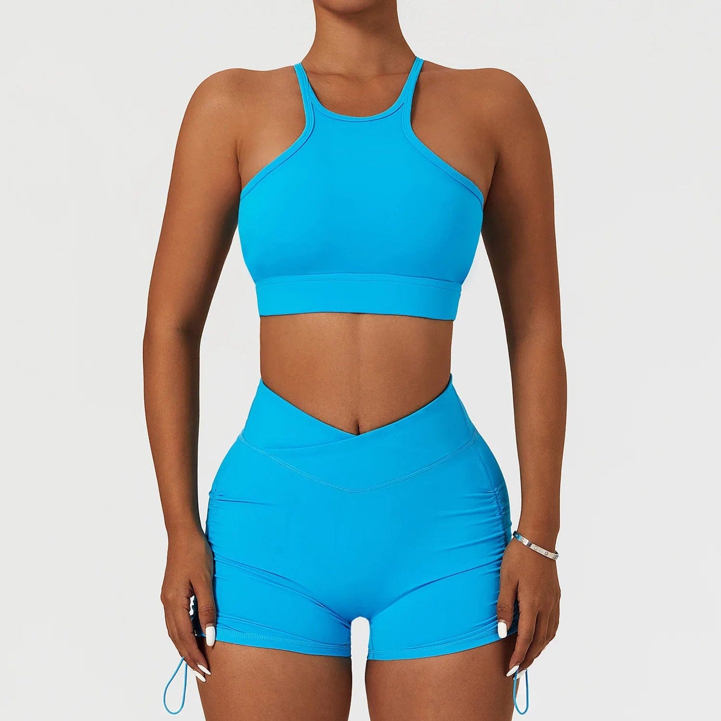 High Impact Bra and Cross V Waist Shorts Yoga Biker Set 2 PCS Stretchy Nylon Workout Running Clothing 2024 Women Gym Sportswear
