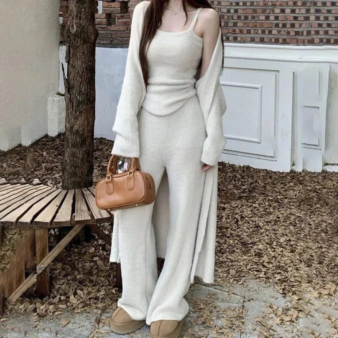 High Quality 2024 Autumn Casual Long cardigan sweaters  vest Top  High Waist Wide Leg Pant Casual Knitwear Outfit 3 Piece Set