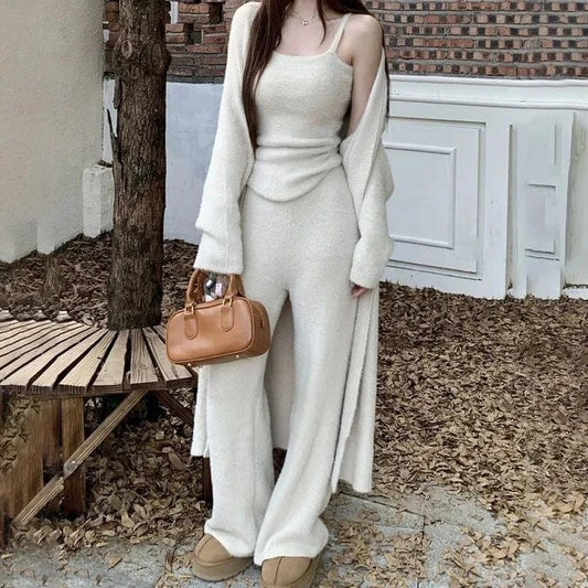 High Quality 2024 Autumn Casual Long cardigan sweaters  vest Top  High Waist Wide Leg Pant Casual Knitwear Outfit 3 Piece Set