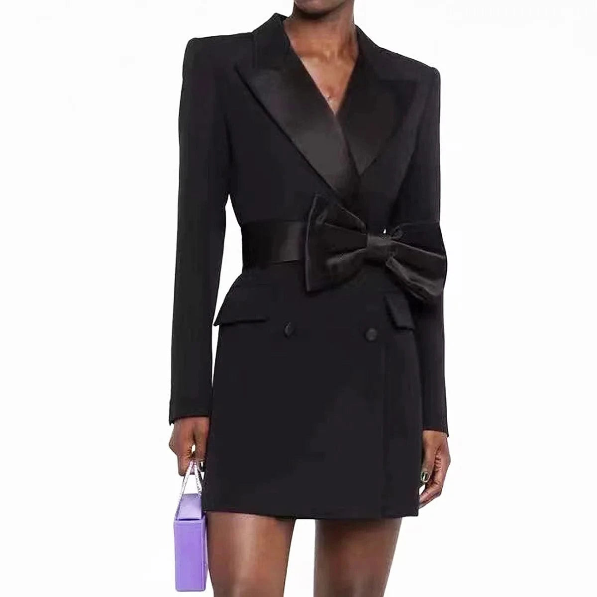 High Quality 2024 Fall Winter Double-breasted Long Sleeve Bow Belt Women Office Blazer Short Mini Notched Dress