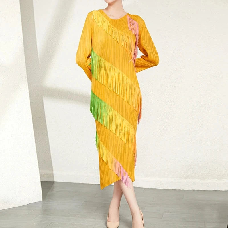 High Quality 2024 New Miyake Clothing Woman Casual Style Long Sleeves Color Tassel Pleated Dresses