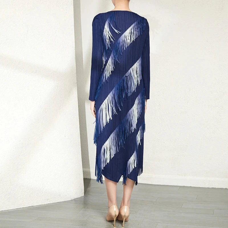 High Quality 2024 New Miyake Clothing Woman Casual Style Long Sleeves Color Tassel Pleated Dresses