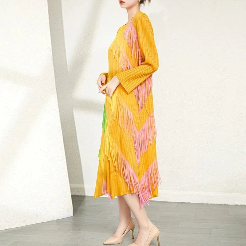 High Quality 2024 New Miyake Clothing Woman Casual Style Long Sleeves Color Tassel Pleated Dresses
