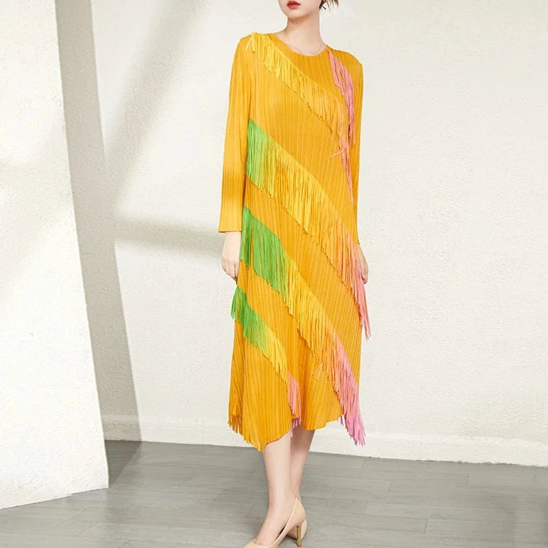 High Quality 2024 New Miyake Clothing Woman Casual Style Long Sleeves Color Tassel Pleated Dresses