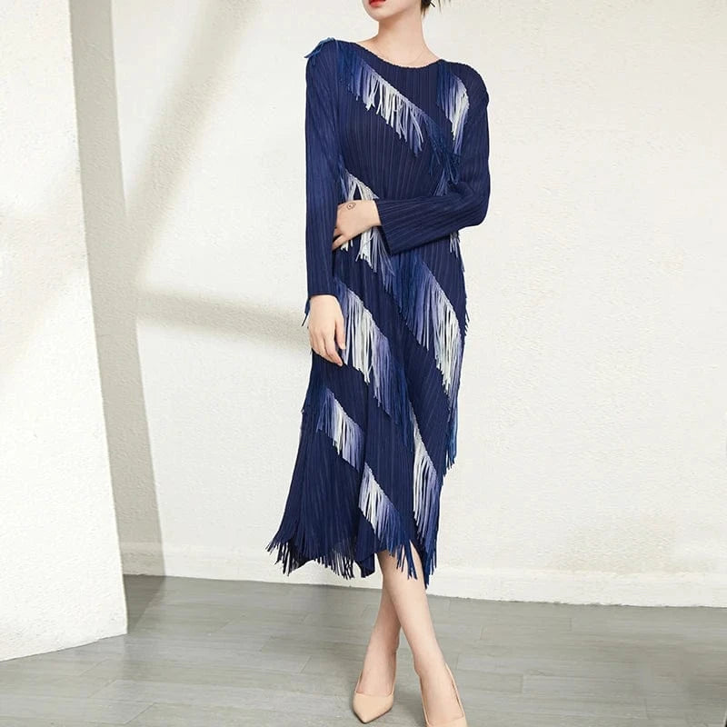 High Quality 2024 New Miyake Clothing Woman Casual Style Long Sleeves Color Tassel Pleated Dresses