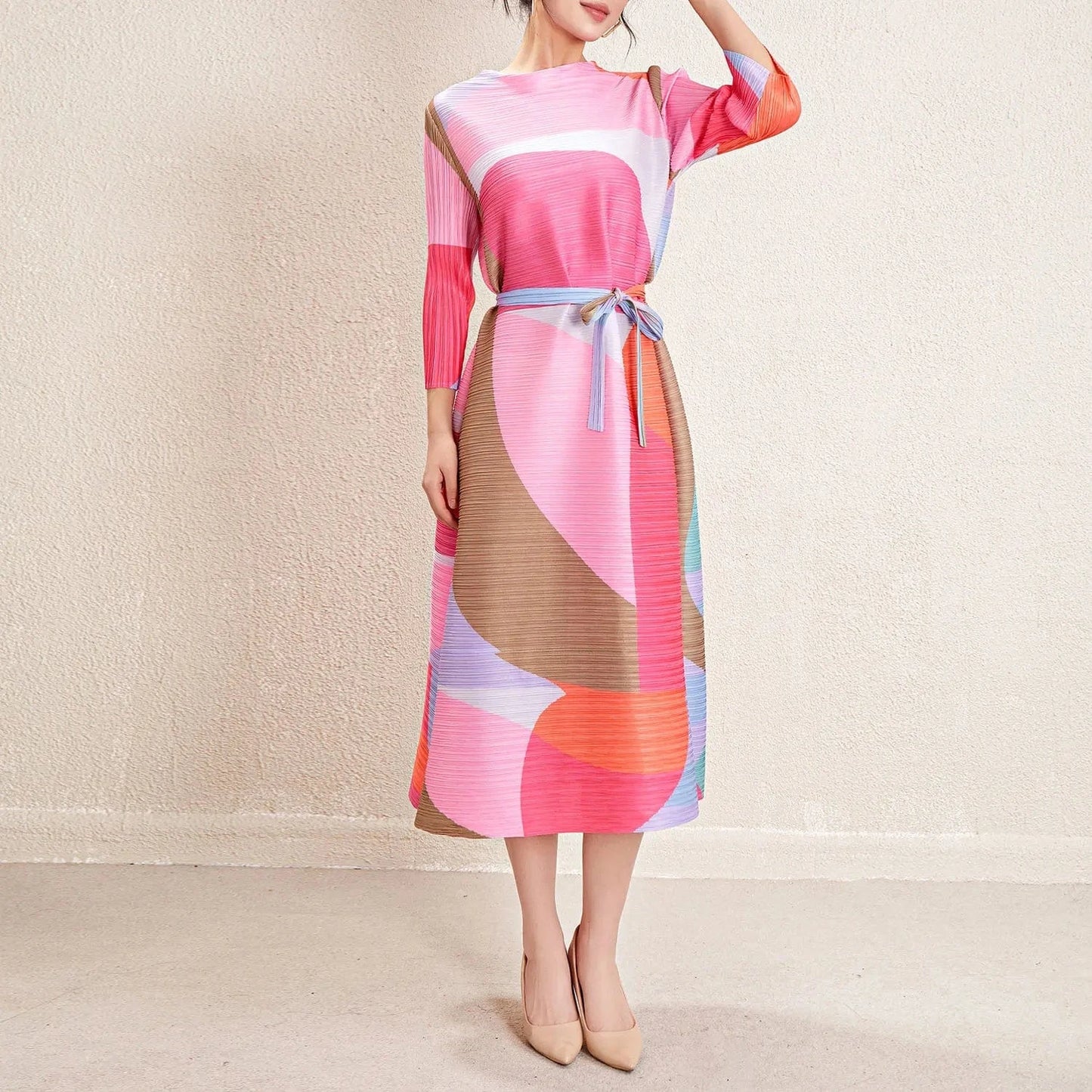 High Quality 2024 New Miyake Pleated Women's Casual Style Belted Long Sleeved Printed Dress Elegant Pleated Dress