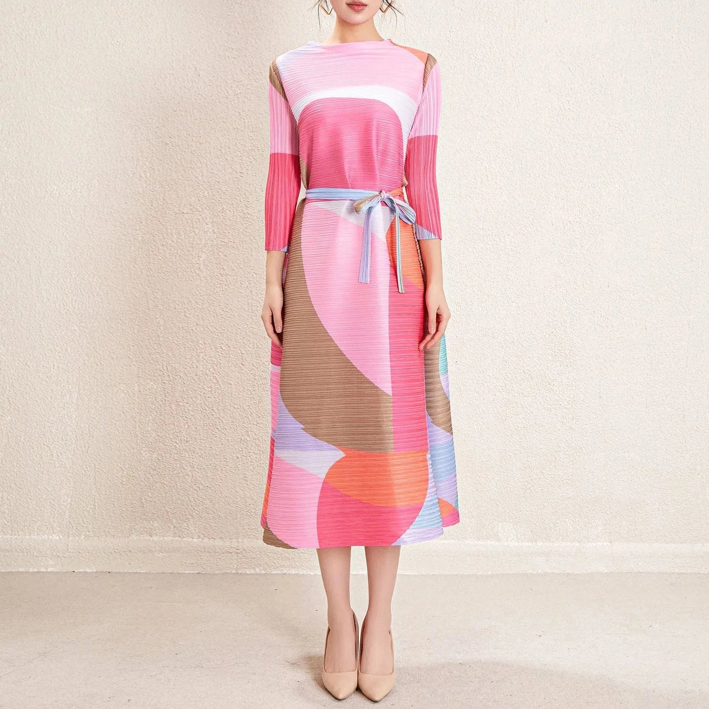 High Quality 2024 New Miyake Pleated Women's Casual Style Belted Long Sleeved Printed Dress Elegant Pleated Dress