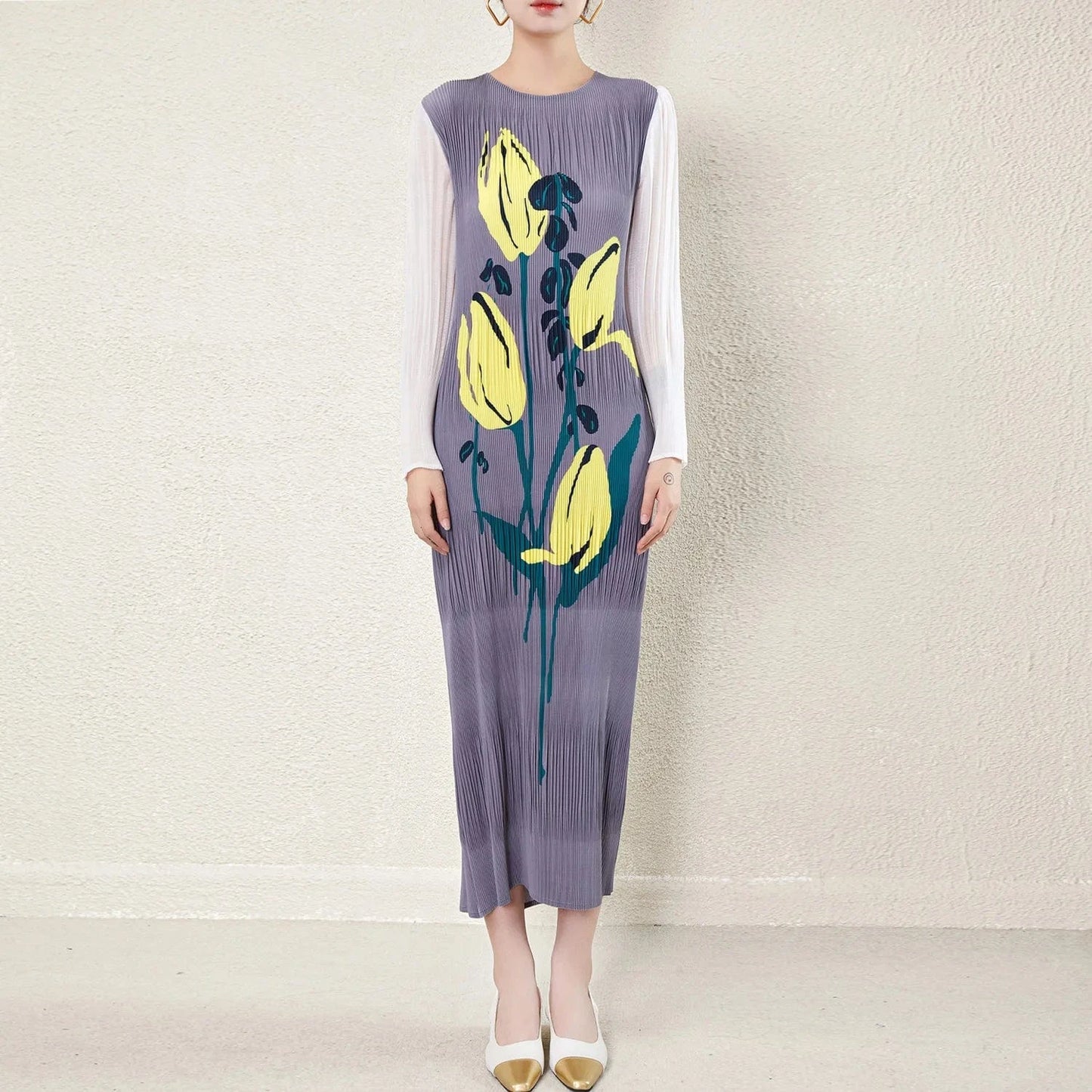 High Quality 2024 Pleated Stretch Plus Size Women's Long Sleeve Long Dress Fashionable Pleated Miyake Print Women's Casual Dress
