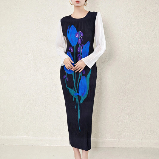 High Quality 2024 Pleated Stretch Plus Size Women's Long Sleeve Long Dress Fashionable Pleated Miyake Print Women's Casual Dress