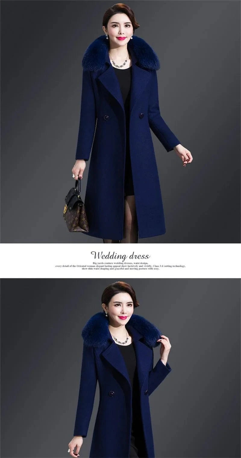 High Quality Big Fur Collar Woolen Coat Women Belt Knee-Length Double Breasted Mid-Long Woolen Jacket For Autumn Winter Outcoat