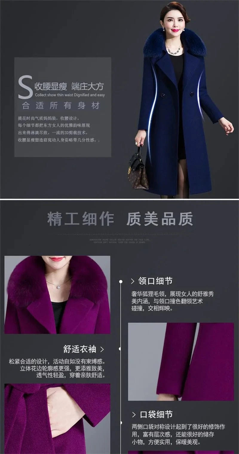 High Quality Big Fur Collar Woolen Coat Women Belt Knee-Length Double Breasted Mid-Long Woolen Jacket For Autumn Winter Outcoat