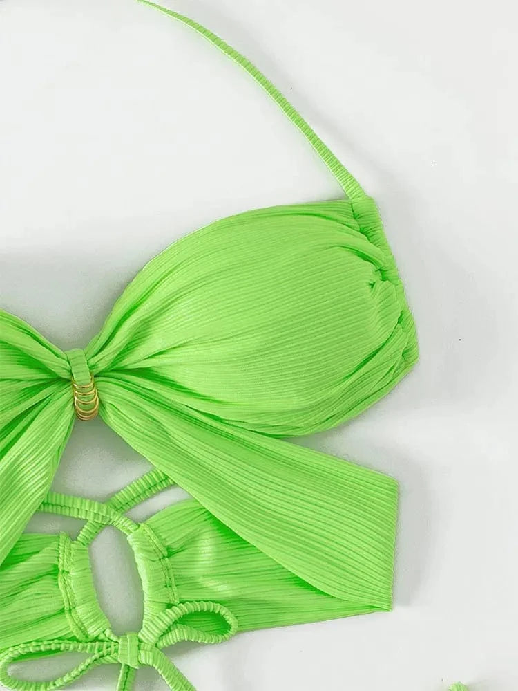 High Quality Bikini Set Textured Ribbed Women High Cut Swimwear CrissCross Swimsuit Halter Beach Bathing Suit 2024 Summer