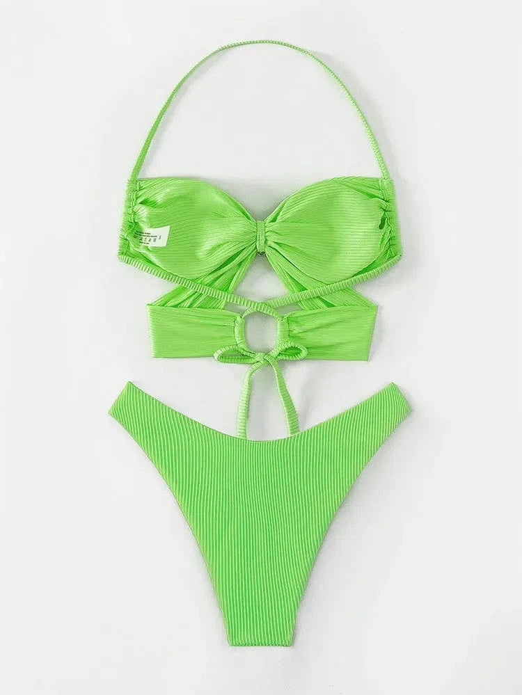 High Quality Bikini Set Textured Ribbed Women High Cut Swimwear CrissCross Swimsuit Halter Beach Bathing Suit 2024 Summer