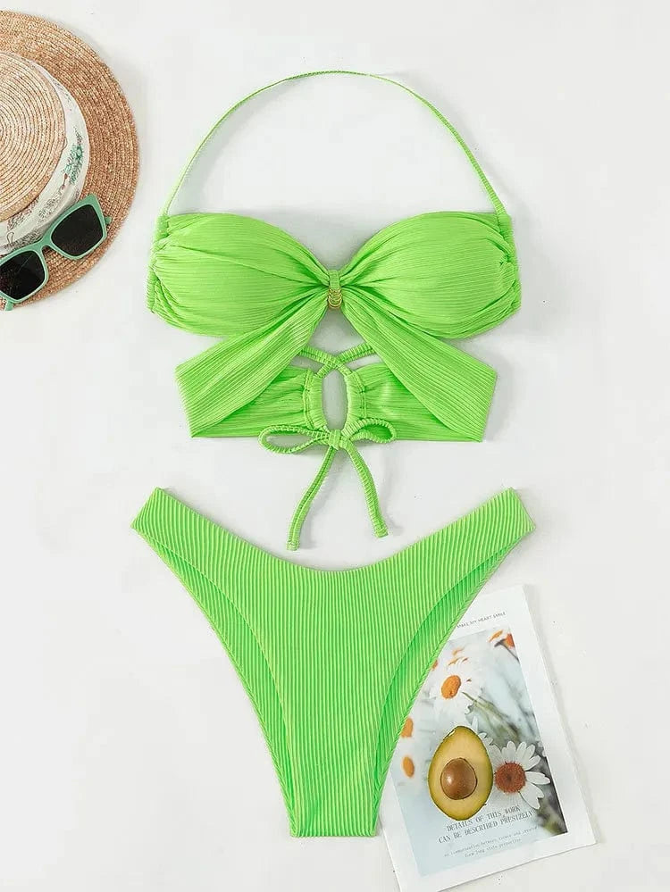 High Quality Bikini Set Textured Ribbed Women High Cut Swimwear CrissCross Swimsuit Halter Beach Bathing Suit 2024 Summer