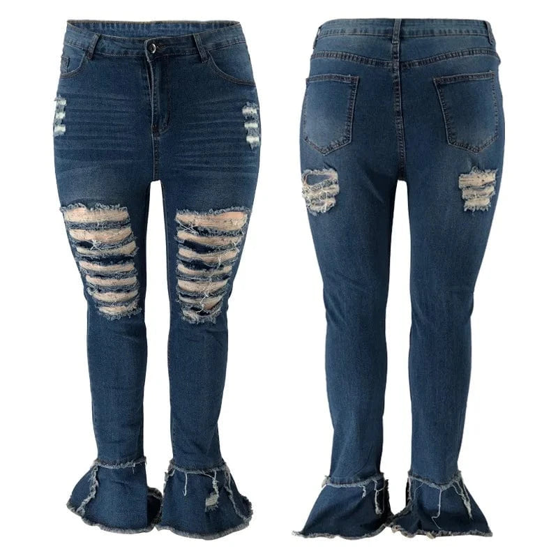 High Quality Black 5XL Oversized Bell Bottom Ripped Jeans Pants Elastic Waist Flared Skinny Jean Pants Plus Size Women's Jeans