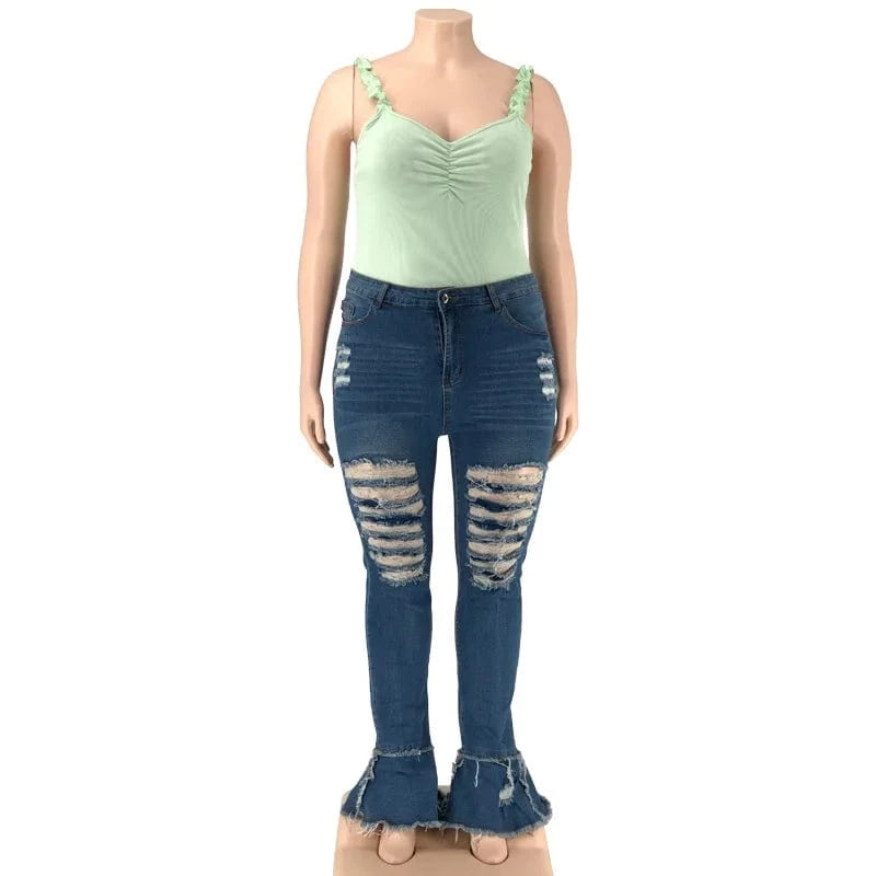High Quality Black 5XL Oversized Bell Bottom Ripped Jeans Pants Elastic Waist Flared Skinny Jean Pants Plus Size Women's Jeans