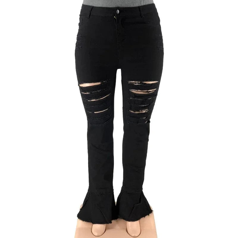High Quality Black 5XL Oversized Bell Bottom Ripped Jeans Pants Elastic Waist Flared Skinny Jean Pants Plus Size Women's Jeans