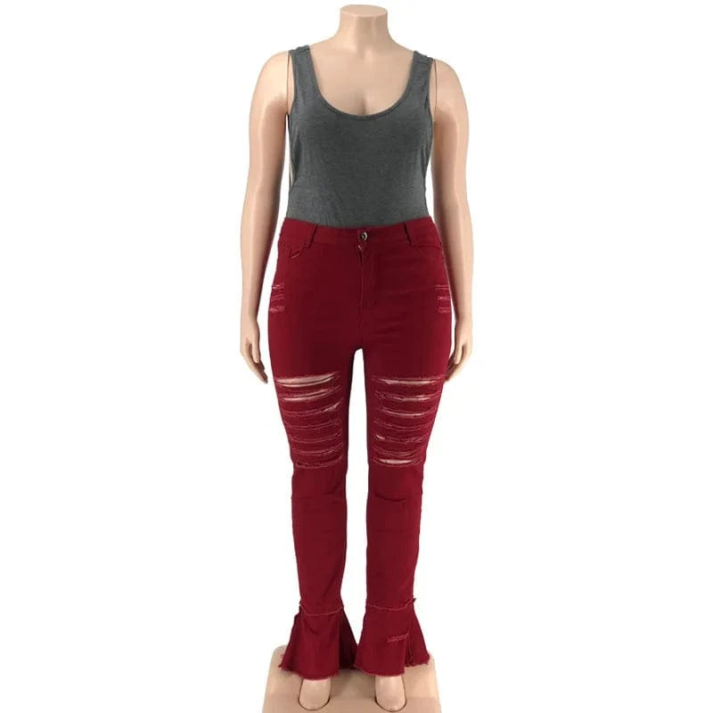 High Quality Black 5XL Oversized Bell Bottom Ripped Jeans Pants Elastic Waist Flared Skinny Jean Pants Plus Size Women's Jeans