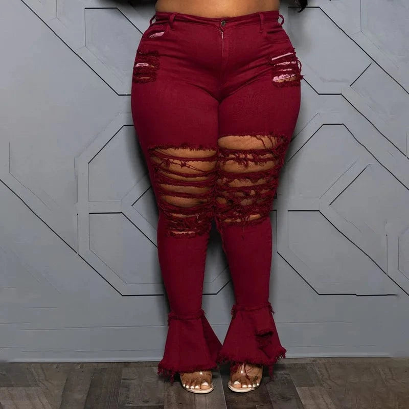High Quality Black 5XL Oversized Bell Bottom Ripped Jeans Pants Elastic Waist Flared Skinny Jean Pants Plus Size Women's Jeans