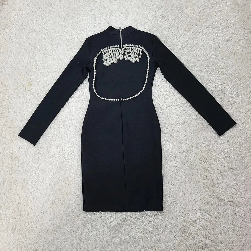 High Quality Black Beading Long Sleeve Short Celebrity Evening Homecoming Party Bodycon Dress