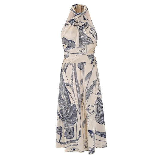 High Quality Blue Floral Halter Neck High Waist Loose Dress Women's Clothing 2024 Spring New French Elegant Long Women's Dresses