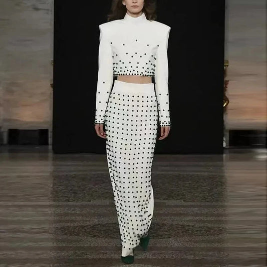 High Quality Fashion Autumn New White Ladies Sets 2024 Star With Pearl studded Short Elegant Women's Tops Long Skirt