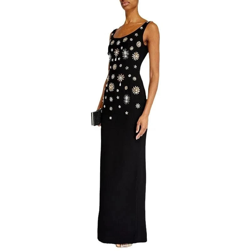 High Quality Hot Selling Bead Square Collar Long Dress Women's Clothing 2024 Diamond Vest Tight Stretch Halter Women's Dresses