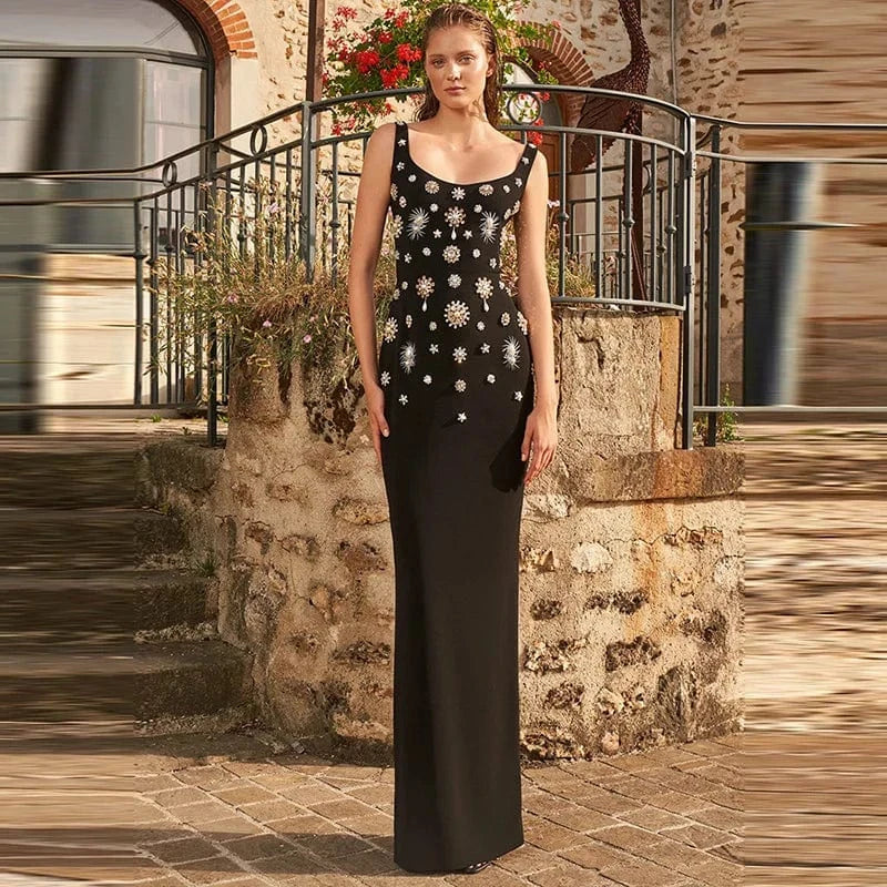 High Quality Hot Selling Bead Square Collar Long Dress Women's Clothing 2024 Diamond Vest Tight Stretch Halter Women's Dresses