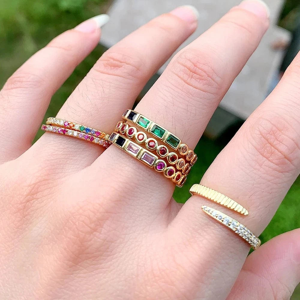 High Quality Mini Small Thin Rainbow Rings For Women Girls Geometric Square Round Bling CZ Paved Multicolored Fashion Jewelry