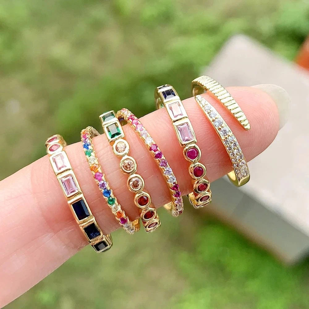 High Quality Mini Small Thin Rainbow Rings For Women Girls Geometric Square Round Bling CZ Paved Multicolored Fashion Jewelry