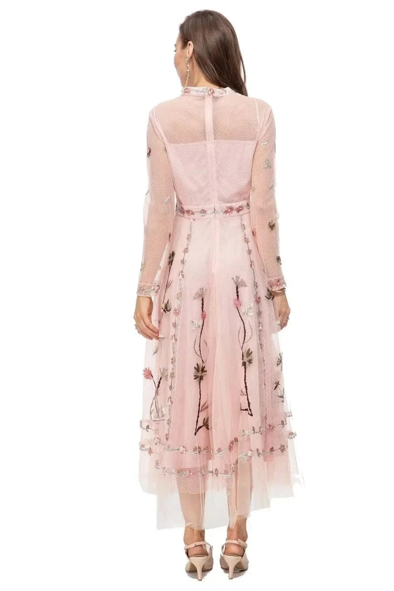 High Quality New 2024 Spring Long Wedding Party Women Dress Allover Exquisite Embroidery Long Sleeve Tulle Mesh Maxi Dress Pink