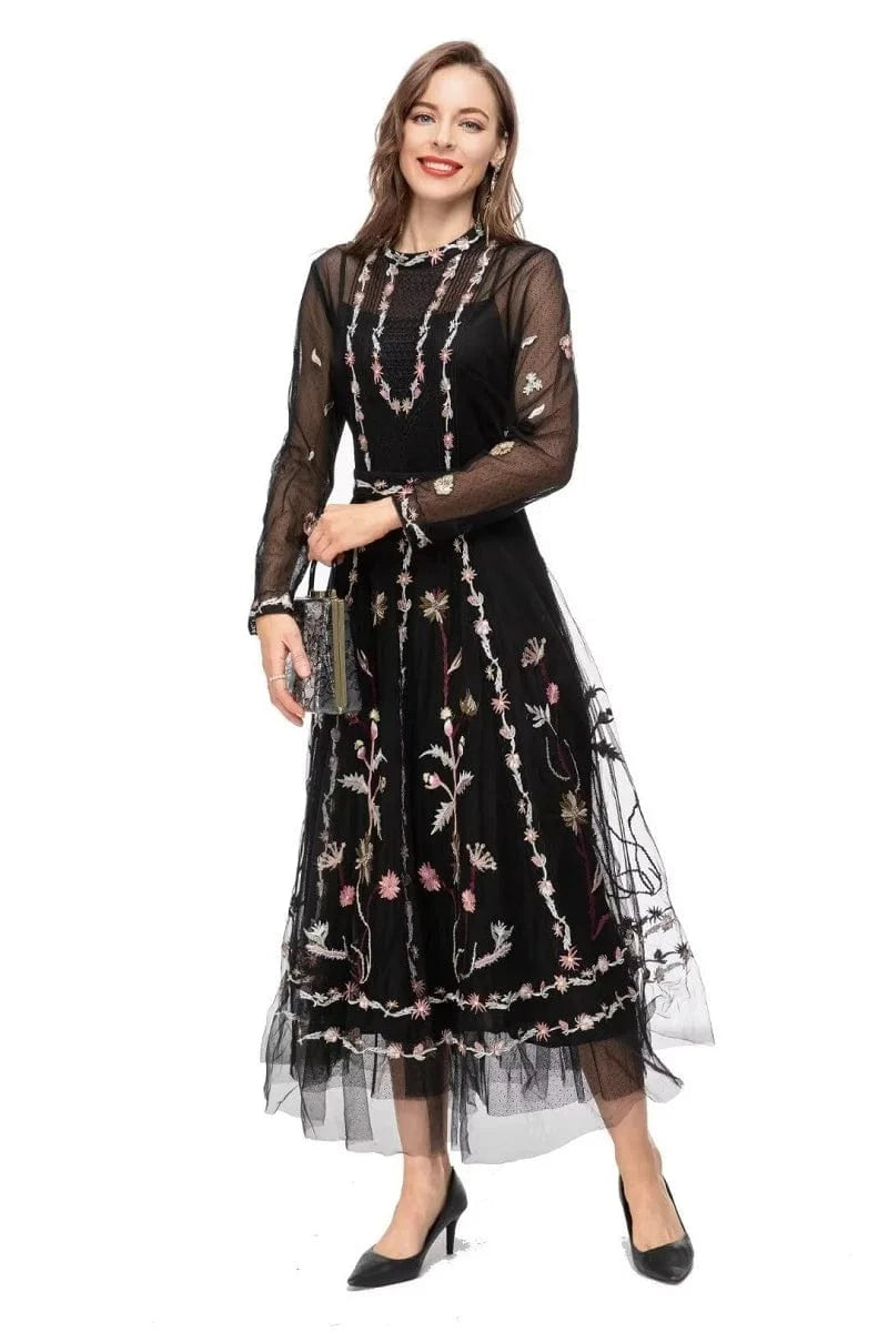 High Quality New 2024 Spring Long Wedding Party Women Dress Allover Exquisite Embroidery Long Sleeve Tulle Mesh Maxi Dress Pink