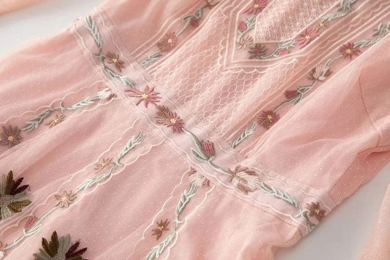 High Quality New 2024 Spring Long Wedding Party Women Dress Allover Exquisite Embroidery Long Sleeve Tulle Mesh Maxi Dress Pink